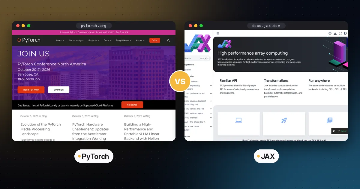 Side-by-side screenshots of the PyTorch and JAX websites