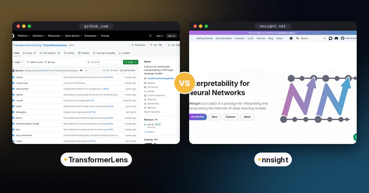 Side-by-side screenshots of the TransformerLens and nnsight websites