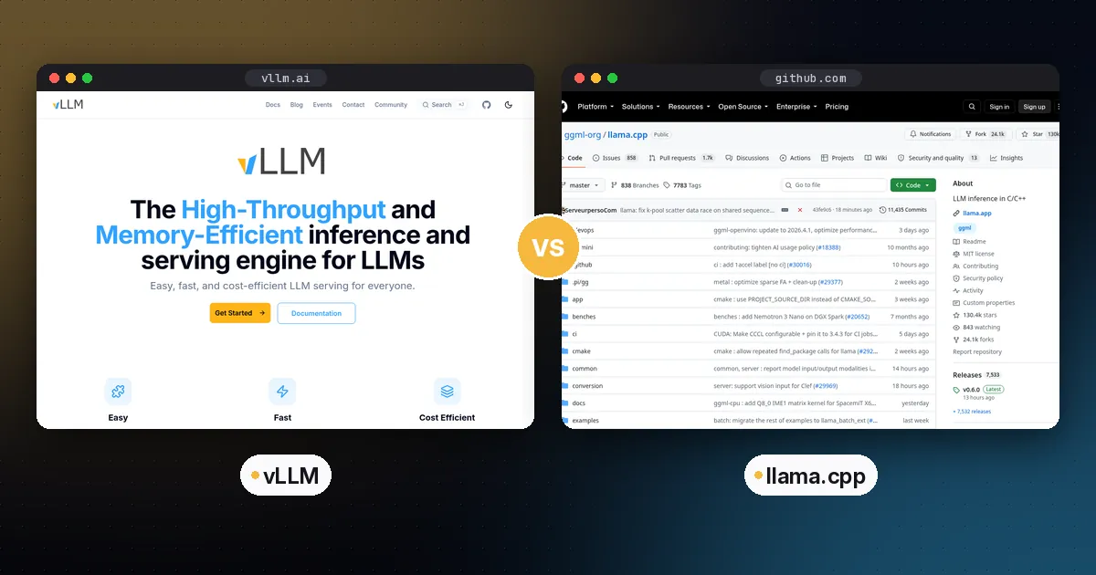 Side-by-side screenshots of the vLLM and llama.cpp websites